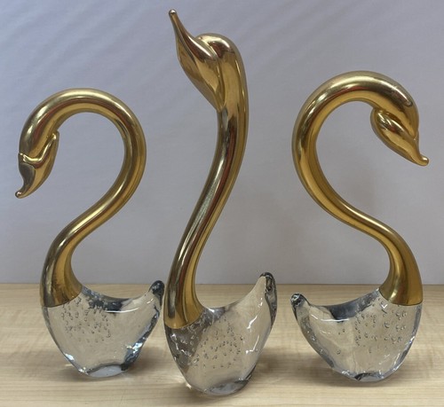 Vintage Brass and Art Glass Swans with Bubbles in Glass 7.5" 8" 9.5" Tall Set