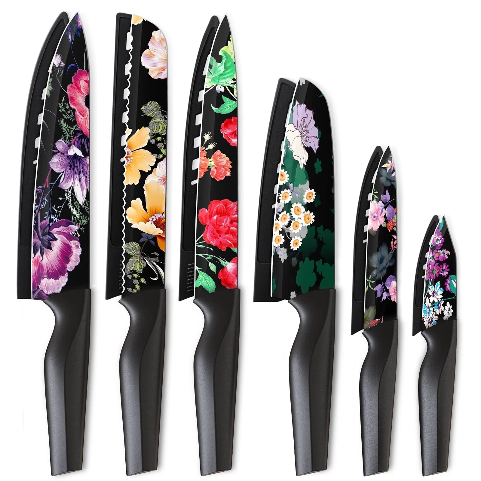 Astercook Knife Set 6 Piece Flower Kitchen Stainless Steel 6 Blade Guards Black