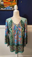 Fig and Flower Boho Multicolor Paisley Floral Lace Accent Blouse Shirt Sz Medium