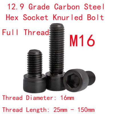 M16 Black 12.9 Grade Full Thread Hex Socket Knurled Screws Allen Cap Head Bolts