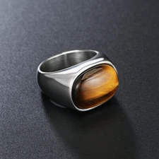 Vintage Tiger Eyes Stone Wedding Ring Men's Stainless Steel Brown Gemstone Ring