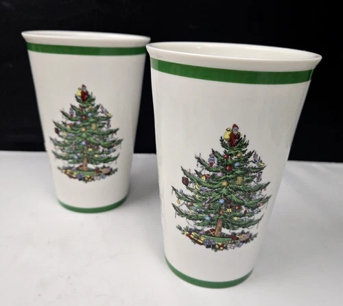 Spode Christmas Tree Pattern Tall Travel Cups 8oz Set of 2 No Lids