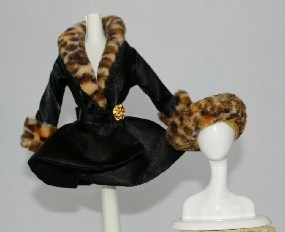 Black Satin Barbie Coat Jacket Leopard Faux Fur Collar Hat Belt Fashion Outfit - Image 3 of 4