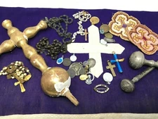 Lot Of Religious Items Medals Crosses Gold Wood Linen