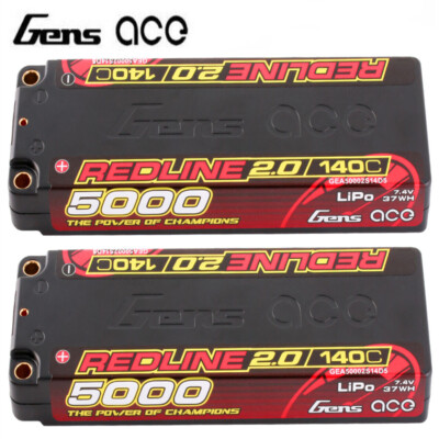 2X Gens Ace Redline 5000mAh 7.4V 140C 2S Lipo Battery HardCase Für 1/10 RC Auto