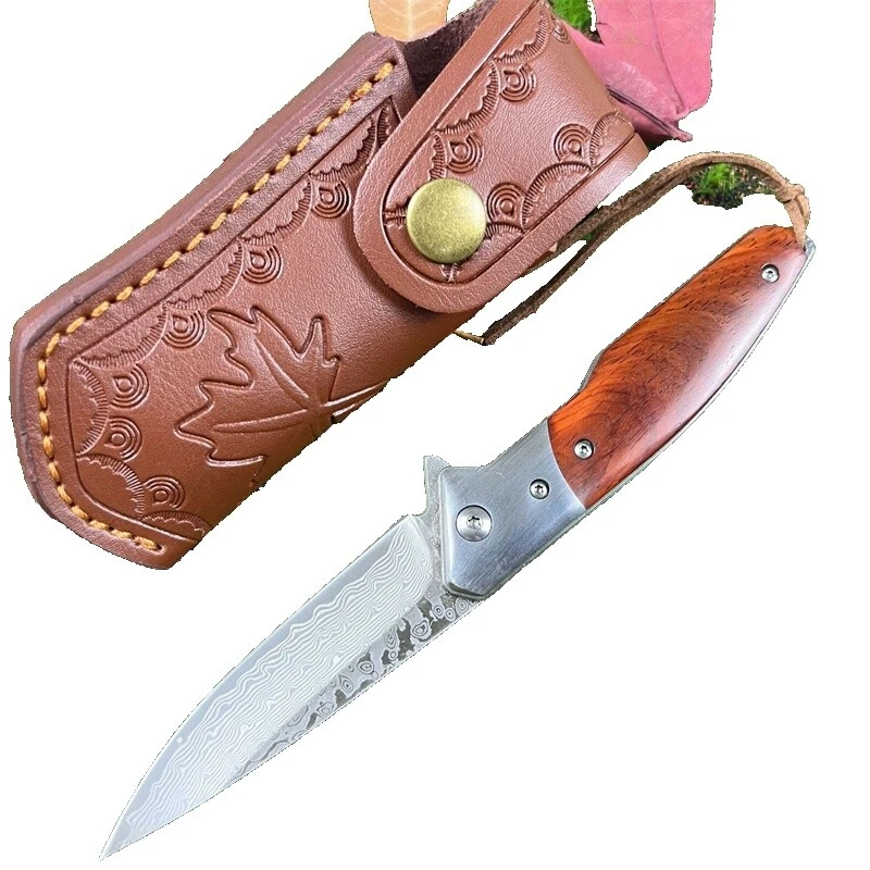 Hoja de acero de damasco mango de cuero personalizada modernos de colección y cuchillos plegables hechos a mano