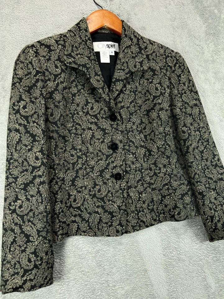 女式 4 夹克西装外套锦缎复古 City Spirit 系列挂毯黑色佩斯利 — 第 3/4 张图片