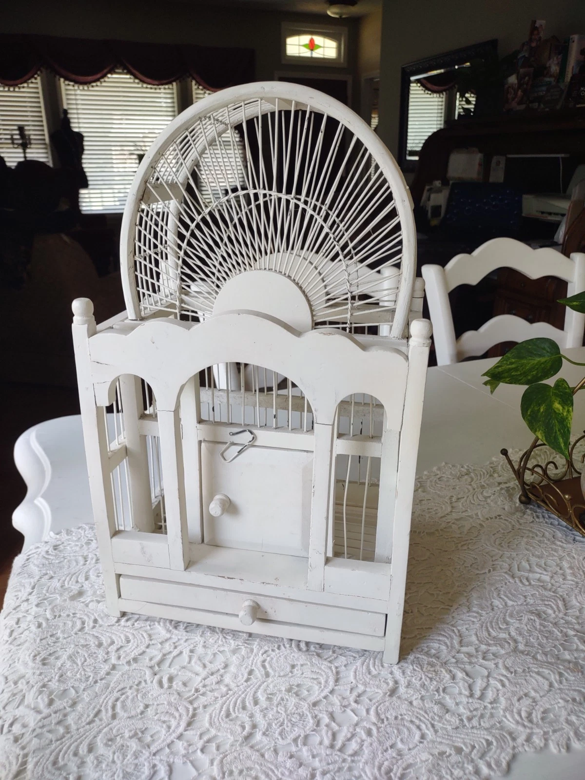 Rustic White Decorative Bird Cage Wood Wire Vintage Farmhouse Shabby Chic 17"