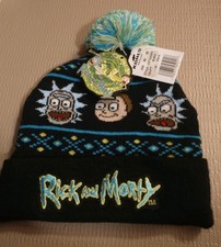 Rick and Morty Knit Bobble Hat Black Blue Fair Isle Pom-Pom Winter Beanie