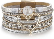 Leopard Bracelet for Women, Boho Leather Wrap Multi-Layer Pearl Crystal Bracelet