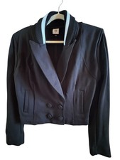 Cabi Black Tie Size 8 Cropped Woman s Double Breasted Ponte Knit Jacket Classy