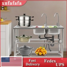 Stainless Steel Kitchen Sink Free Standing Double-bowl Commercial Sink Set