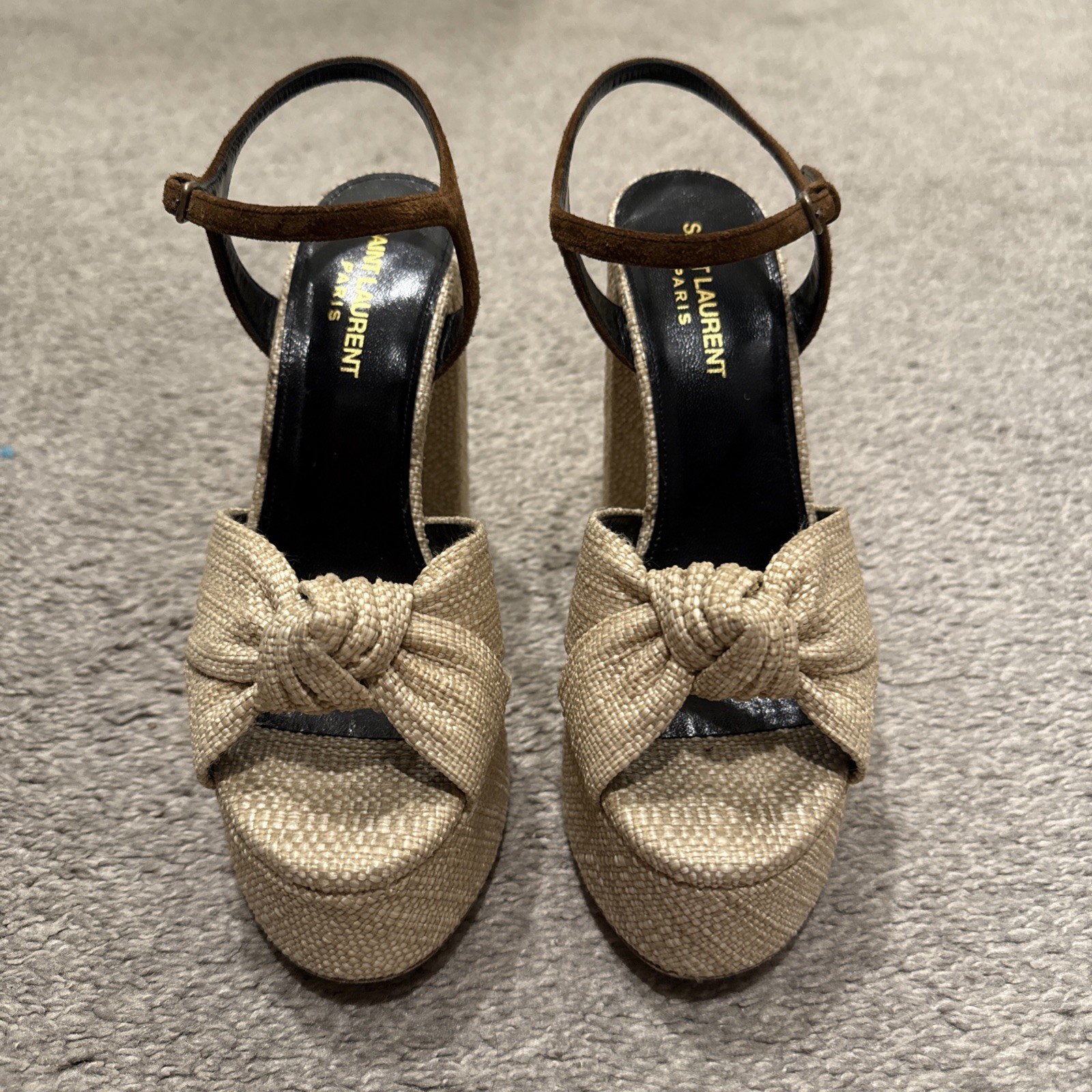 Sandali Saint Laurent Bianca con plateau in rafia annodati taglia 36