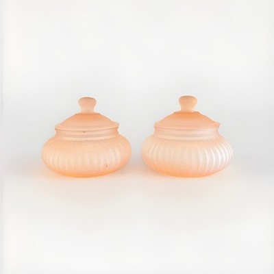 Vintage Art Deo Small Pink Satin Glass Covered Powder Jar Set