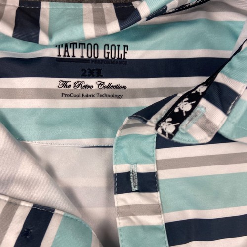TATTOO GOLF Performance Polo Shirt 2XL Blue White Stripe ProCool Retro Collectio - Picture 4 of 8