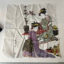 Japanese Ukiyo-e Art Handkerchief Geisha Kimono Print Cotton White Scarf 16"
