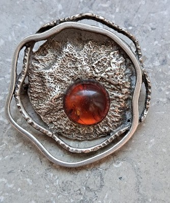 Vintage 835 Silver Brooch with Amber Cabochon, Modernist Design, 10.44g
