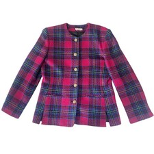 Vintage Talbots Pink Plaid Wool Blazer Jacket Gold Knot Buttons Size 8 USA Made