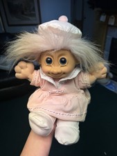 Vintage Russ Berrie 12" Baby Girl Troll Pink Hair Blue Eyes Dress Plush Doll Toy