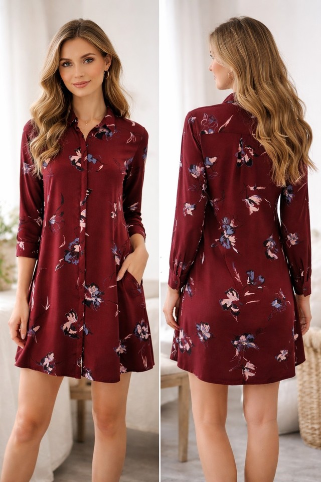 Wine Floral Shirt Dress Womens XS 8 Long Sleeve Collared Viscose A Line Mini #G
