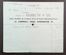 1902 Rabbeth and Co India Rubber & Leather Mfrs Paddington London Invoice