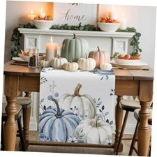 Fall Table Runner Blue Pumpkin White Thanksgiving Table 13x90in White Blue