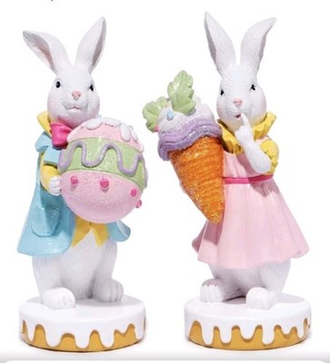 2 Pcs Resin Easter Bunny Figurines Decor - Colorful Egg & Ice Cream Cone Hold...