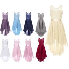 Girls Lace Chiffon Dress Formal Gown High Low Pendulum Waistband Wedding Party