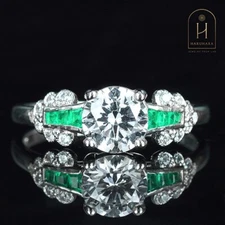 Lab Created Sirius Diamond and Emerald Vintage Style Engagement Ring Silver925