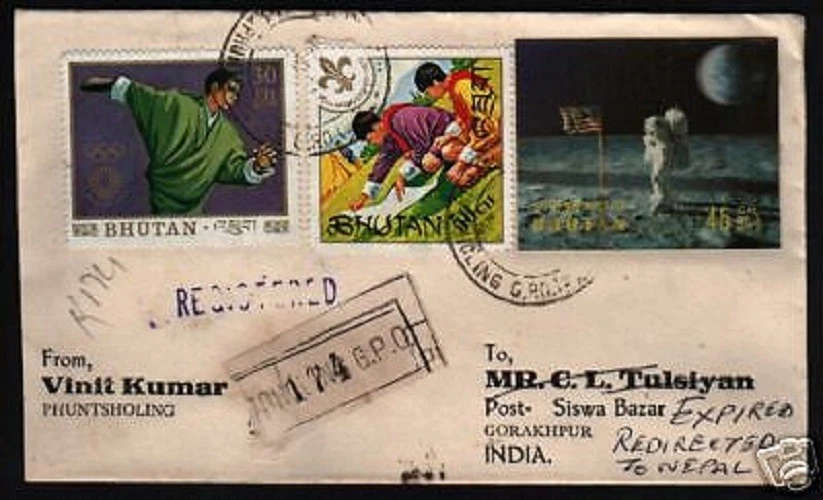 SELLO PLÁSTICO BUTÁN 45 CH. 1973 HOMBRE en LUNA 3D Scout Postal USADO CUBIERTA BUTANESA Foto 2 de 2