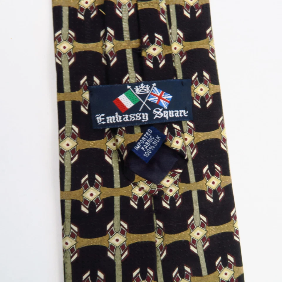 复古 Embassy 方形男式领带抽象几何黑色金色 57"x4"编织 — 第 3/4 张图片