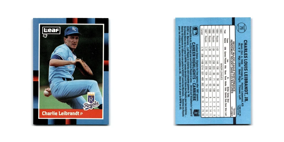 Charlie Leibrandt 1988 Leaf #76 Kansas City Royals Baseball Card NM - Image 3 of 3