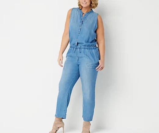 Denim jumpsuit tie waist cheap