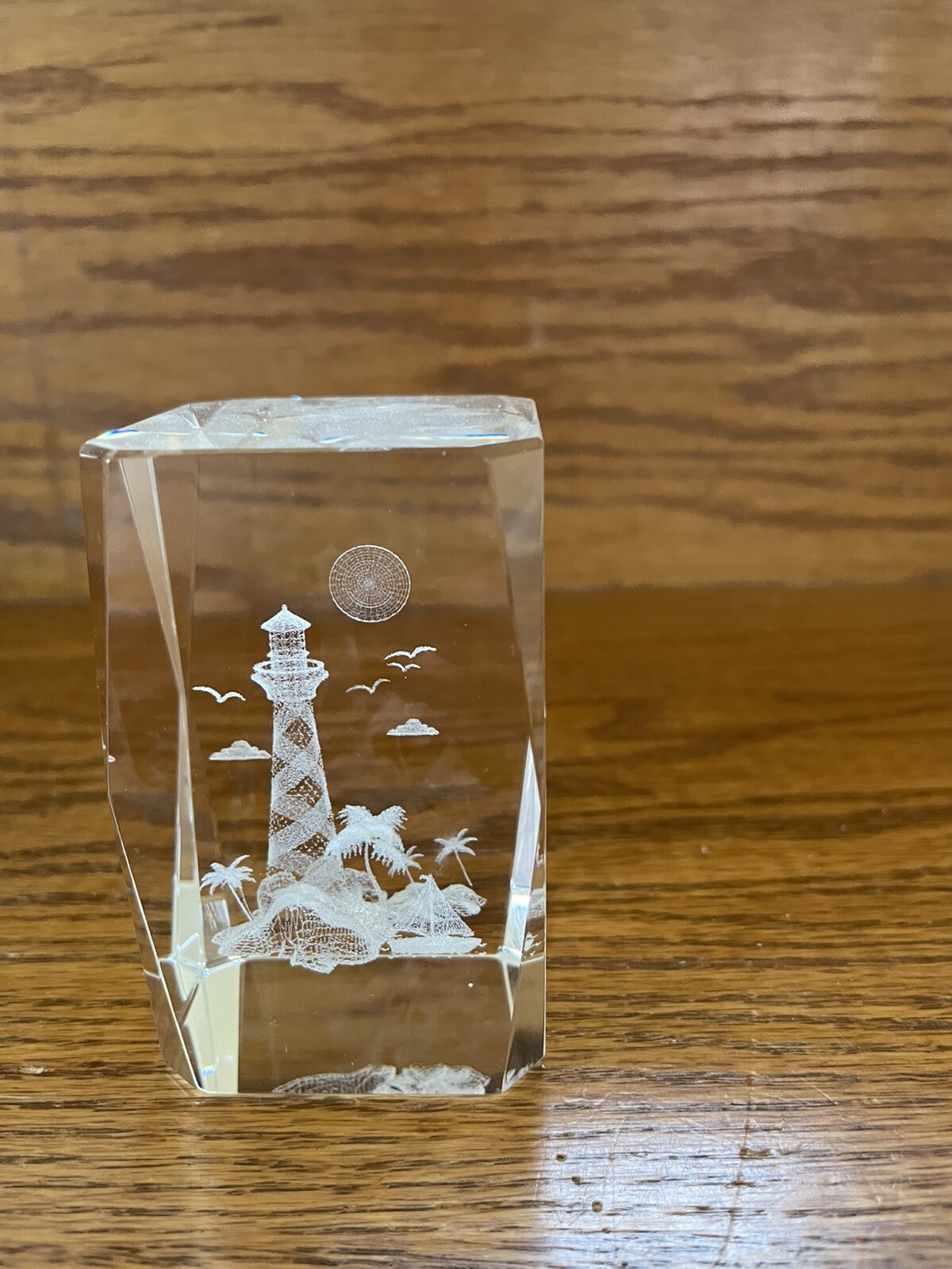 Laser cut etched crystal glass cube paper weight 3D lighthouse sailboat ...