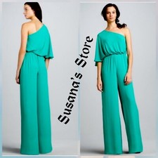 BCBG MAXAZRIA SIZE 6 LEEO EMERALD ONE SHOULDER WIDE LEG JUMPSUIT