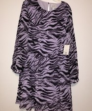 EUC Nine West Long Sleeve Crystal Pleated Short Shift Dress Purple Zebra Print L