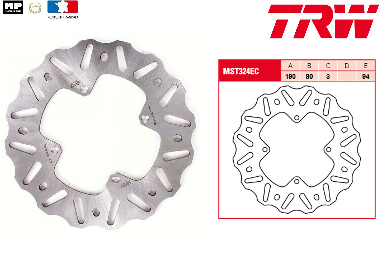 Disque de frein arrière 190mm Wave MST324EC anti-surchauffe pour Honda CR 80 R