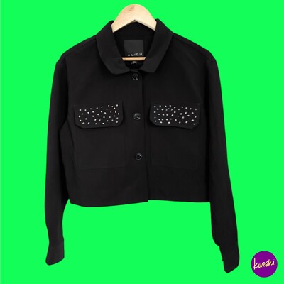 AMISU Damen Cropped Jacke, Glitzertasche, Kragen Knopfleiste, schwarz UK 12