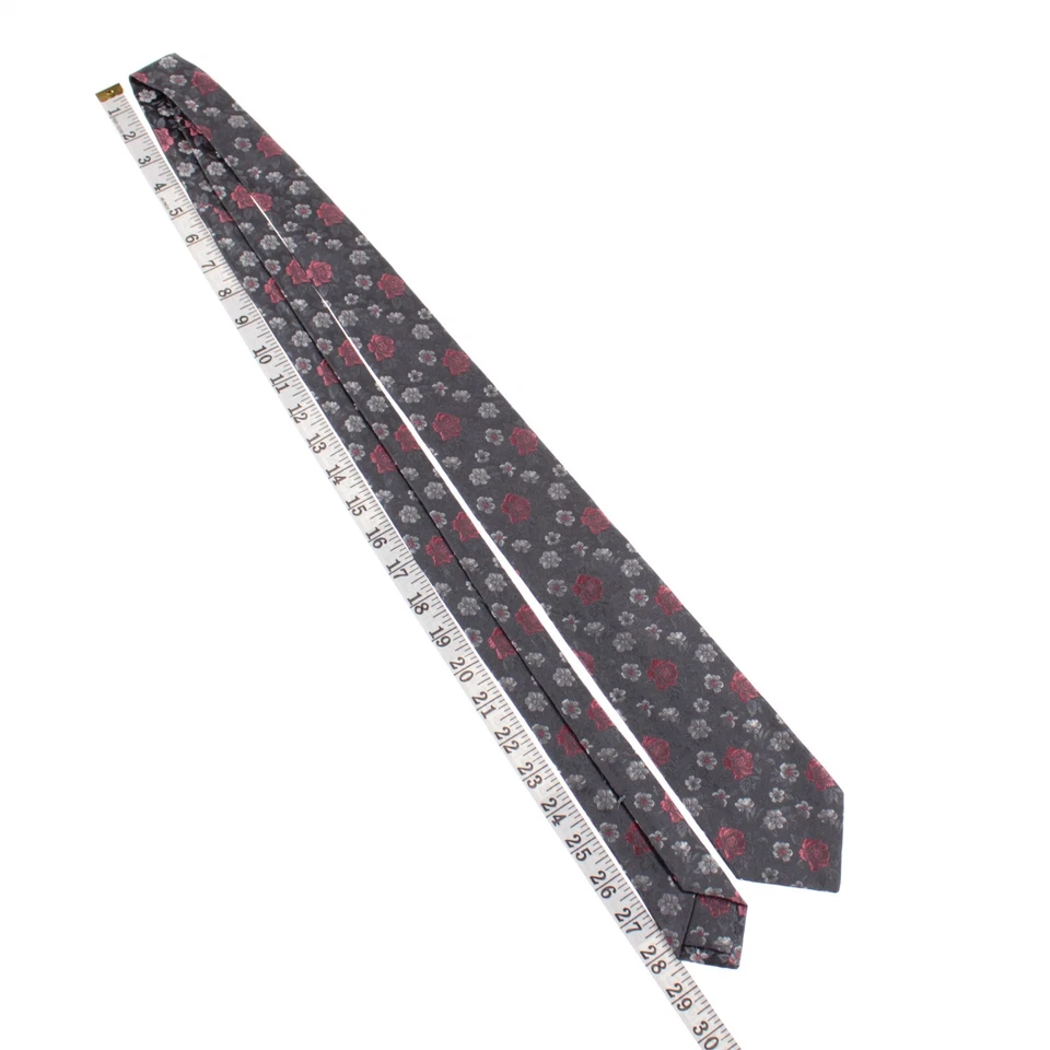 Gravata Kiton nova sem etiquetas 100% seda sete dobras cinza com flores rosadas vermelhas/brancas - Imagem 3 de 4