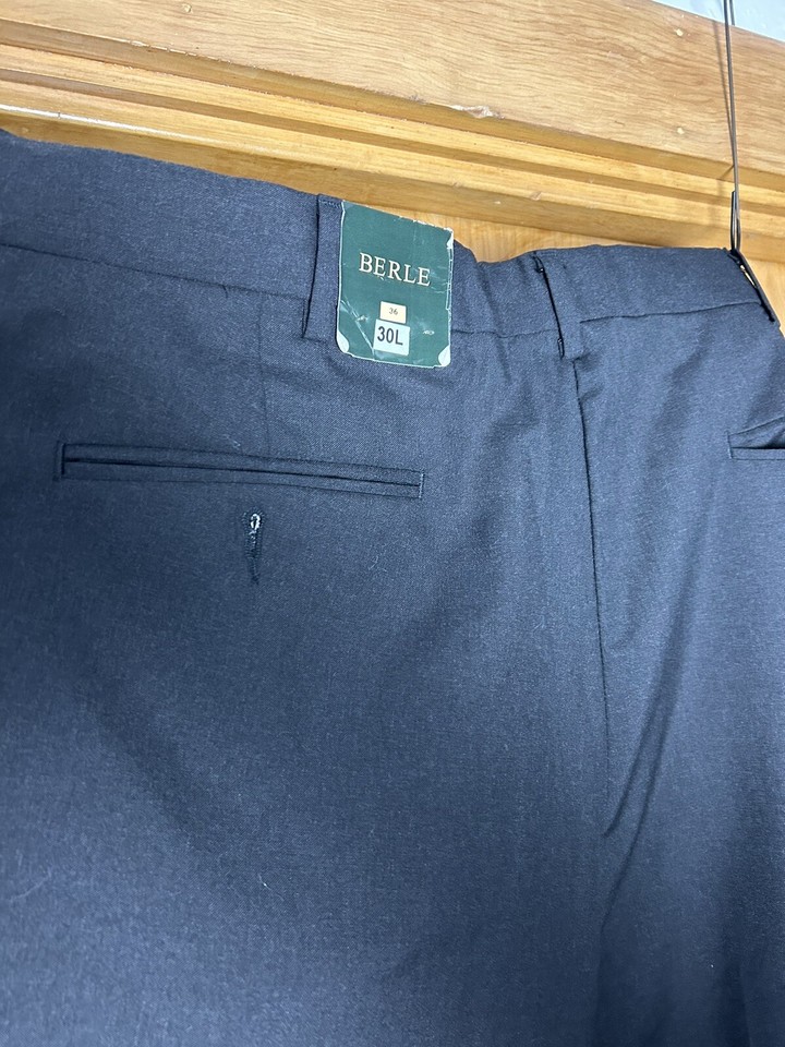 Berle Dress Pants Navy Blue Polyester Wool Pleated Cuffed MENS SIZE 36