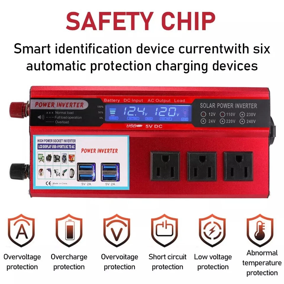 Car Power Inverter 5000W DC 12V To AC 110V Pure Sine Wave Solar Converter 4 USB - Image 4 of 4