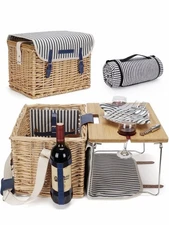 HappyPicnic Deluxe Picnic Basket for 2 Wicker Picnic Set with Folding Table NEW