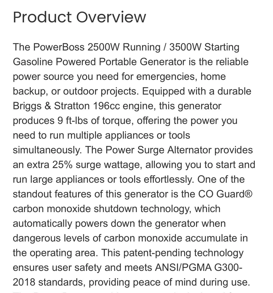 NUEVO - Generador portátil PowerBoss 2500W a gasolina con CO Guard® Foto 4 de 4