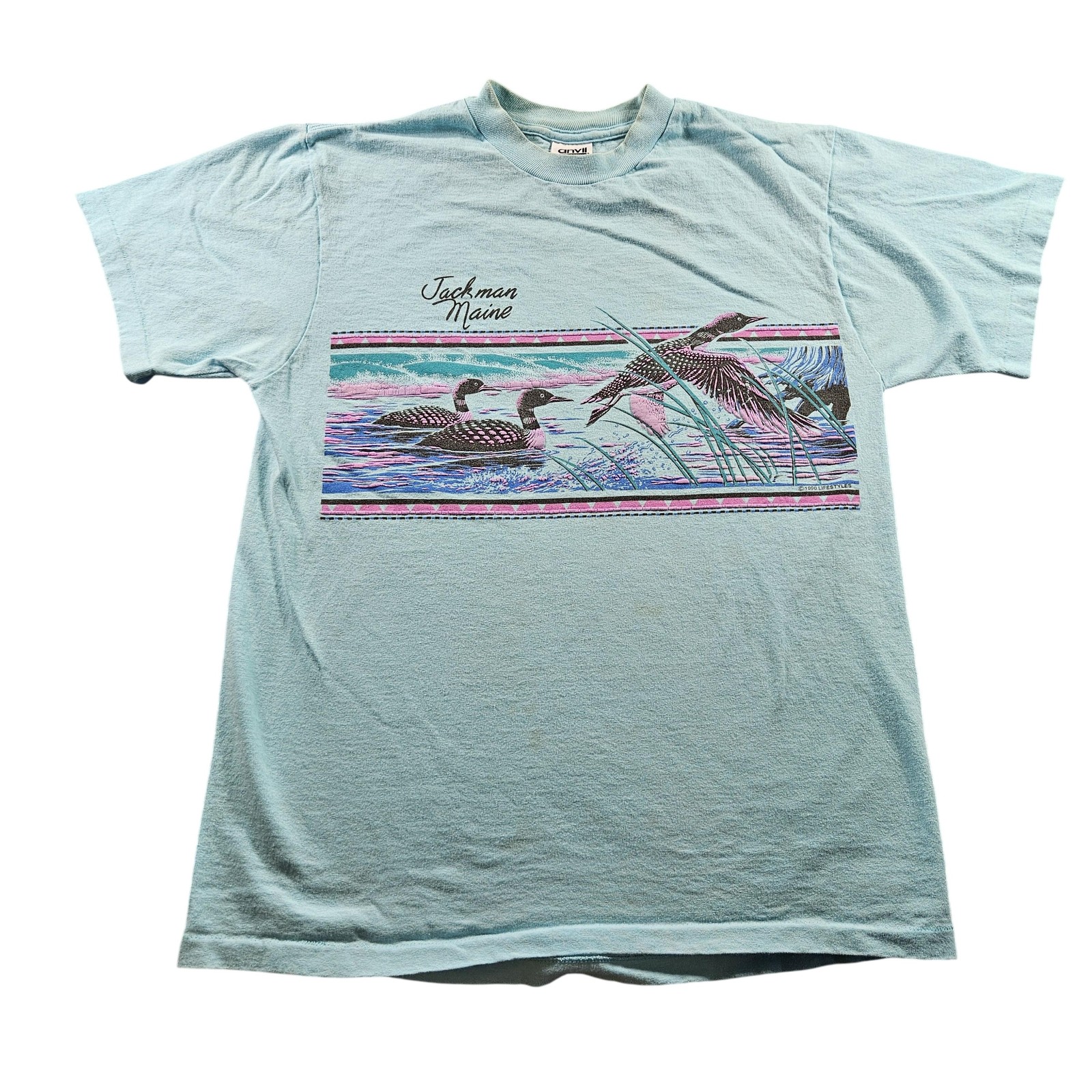 Vintage Jackman Maine Shirt Mens Medium Blue Loons Graphic Made USA Anvil 90s