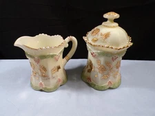 Northwood Custard Glass Chrysanthemum Sprig Creamer & Covered Sugar Bowl Set #2