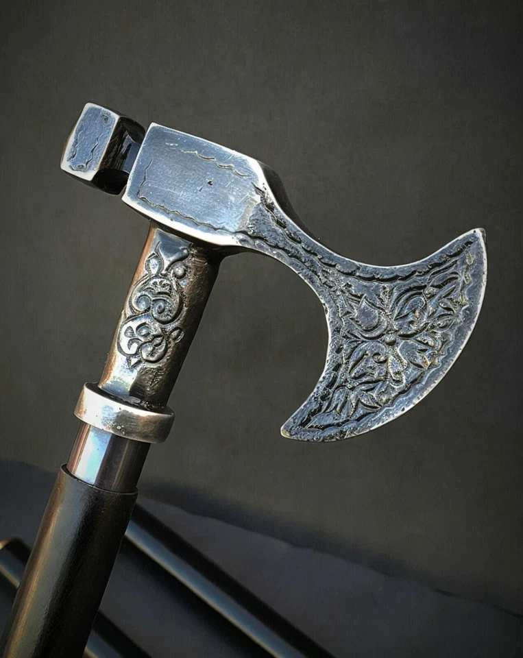 Hacha de peltre antigua hecha a mano bastón de madera latón regalo para hombres Foto 3 de 4