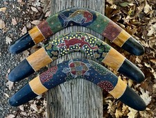3 Vintage Hand Painted Australian Aboriginal Wood Boomerangs Turtle Gekko Fish