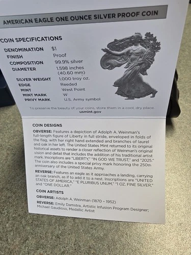 2025-W Proof $1 American Silver Eagle Army Privy 250th Anniversary Box, OPG