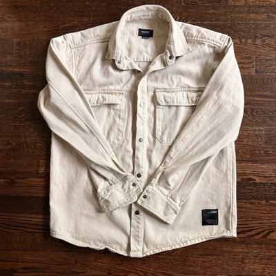 PULL&BEAR Men s L Beige Cotton Denim Long Sleeve Button-Up Shirt Pockets