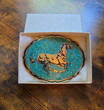 Vintage Horse Brass Belt Buckle Turquoise Chip Inlay Signed MJL 1981 Western
